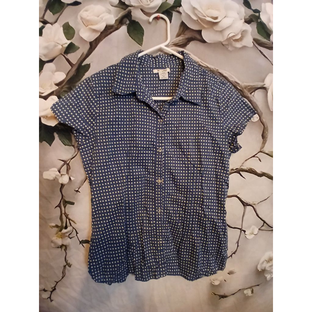 Women's At Last Blue & Beige Polka Dot Button Down Shirt L